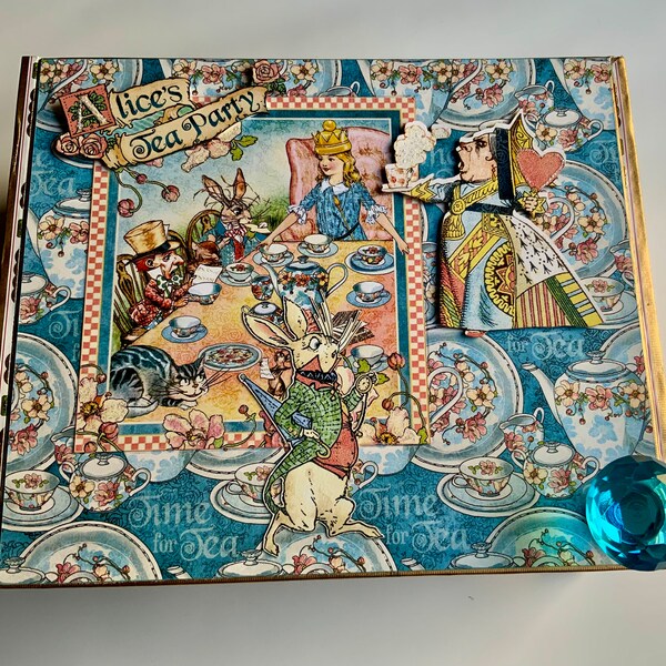 Alices Tea Party Decorated Wooden Cigar Box~Gift for Child~Tea Box~Trinket Dresser Box~Alice in Wonderland Tea Time~Repurposed Cigar Box