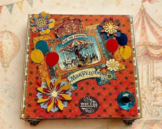 Circus Carousel Decorated Cigar Box – Vintage Fair Theme, Balloons & Tickets, Whimsical Handmade Gift Box, Upcycled, Free Shipping in US
