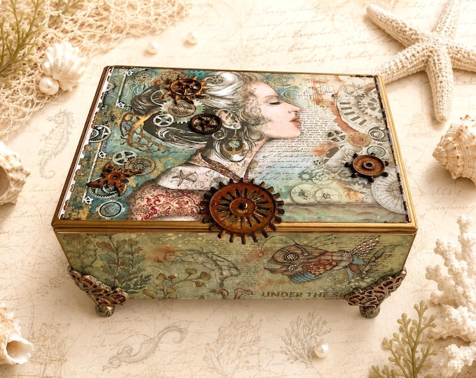 Steampunk Sea World Decorated Cigar Box – Ocean Keepsake with Gears & Compass – Nautical Gift - Free Shipping