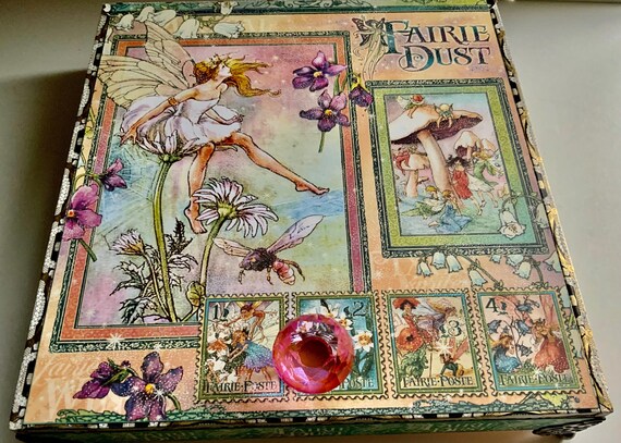 Faerie Dust Decorated Cigar Box – Whimsical Fairytale Jewelry Box with Pink Crystal Knob, Magical Keepsake, Handmade Gift, Altered Box