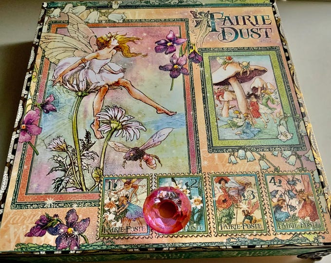 Faerie Dust Decorated Cigar Box – Whimsical Fairytale Jewelry Box with Pink Crystal Knob, Magical Keepsake, Handmade Gift, Altered Box