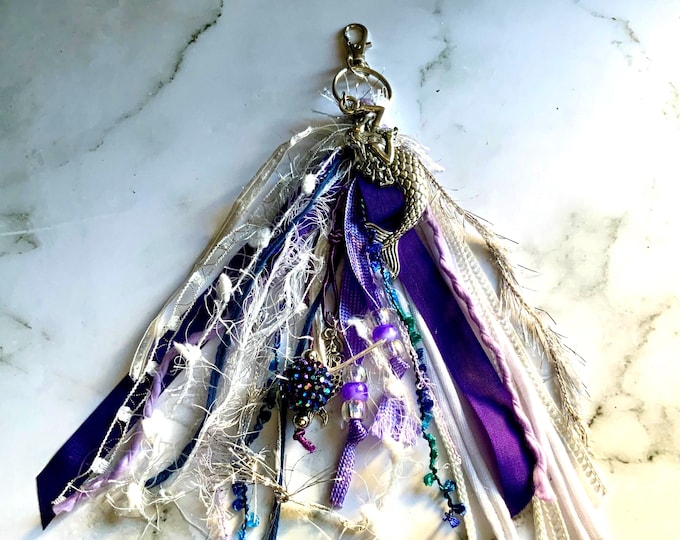 Mermaid Mixed Fiber Tassel Bag Charm – Handmade Keychain in Purple, White & Silver with Mermaid Charm – Free Shipping