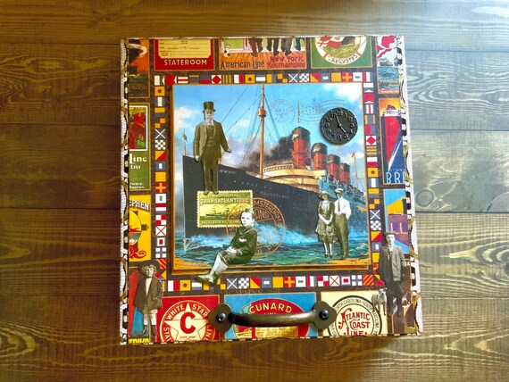 Vintage Travel Decorated Wooden Cigar Box, Repurposed Cigar Box, Upcycled Cigar Box, Aesthetically Altered Box, Handmade Decorative Storage