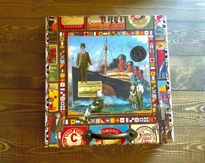 Transatlantique Decorated Cigar Box – 10x10x1.5” Graphic 45 Retired Paper, Vintage Travel Theme, Claw Feet, Collector’s Keepsake Box