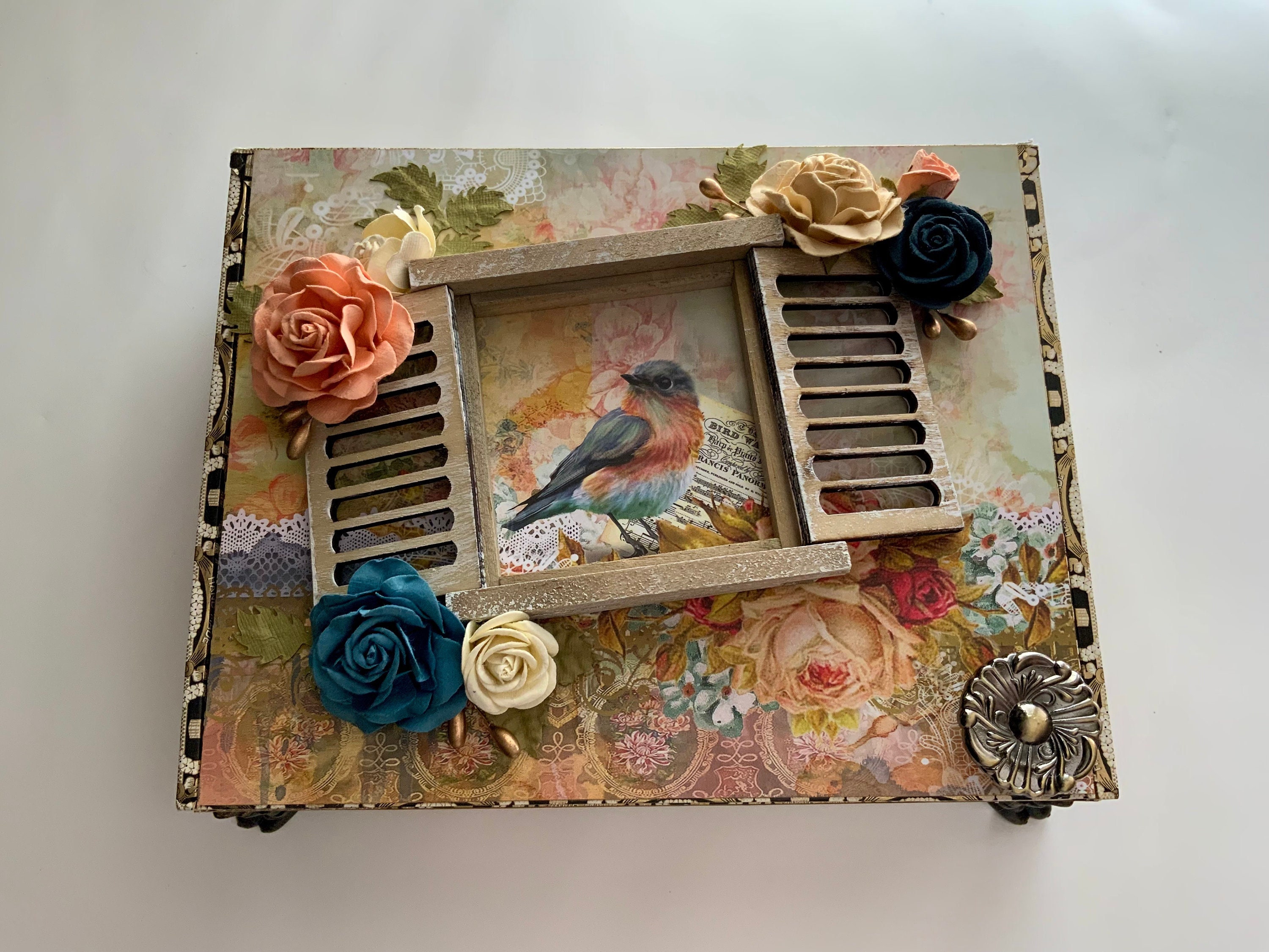 Bird in the Window Decorated Box, Keepsake Storage Box, Repurposed
