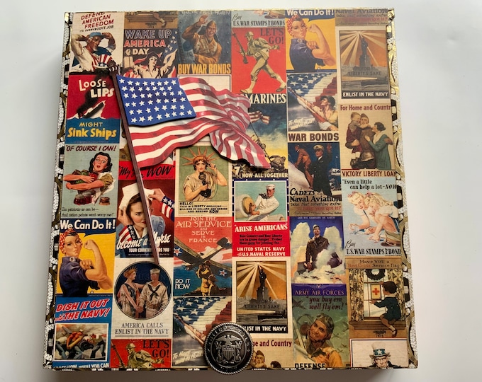 Patriotic Military Decorated Cigar Box, WWII Poster Art, Upcycled Keepsake Box