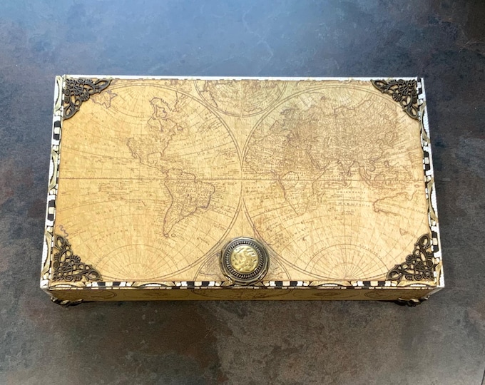 Masculine Map Decorated Cigar Box, Vintage Travel Keepsake Box, Gift for Him, Leather Lined Memory Box, Free Shipping in US