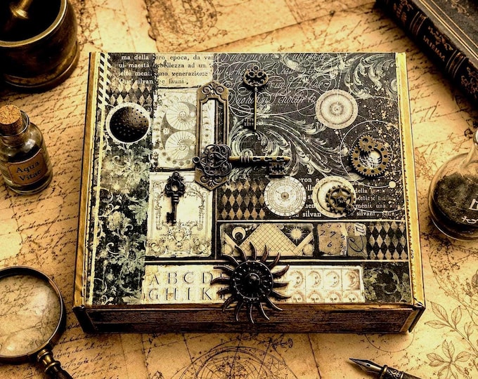 Steampunk Alchemy Decorated Keepsake Box with Celestial Keys & Gears – Handmade on Monticristo Cigar Box - Free Shipping