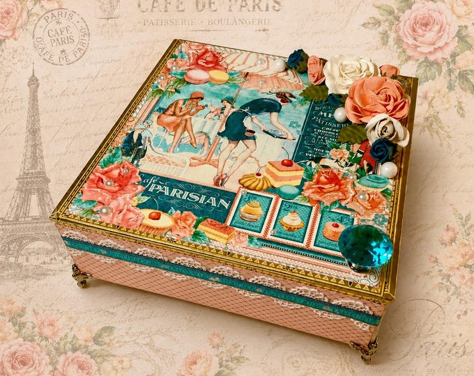 Café Parisian Decorated Cigar Box – Graphic 45 | French Patisserie Keepsake Box | Macaron & Rose Design | Gift for Her | Free Shipping