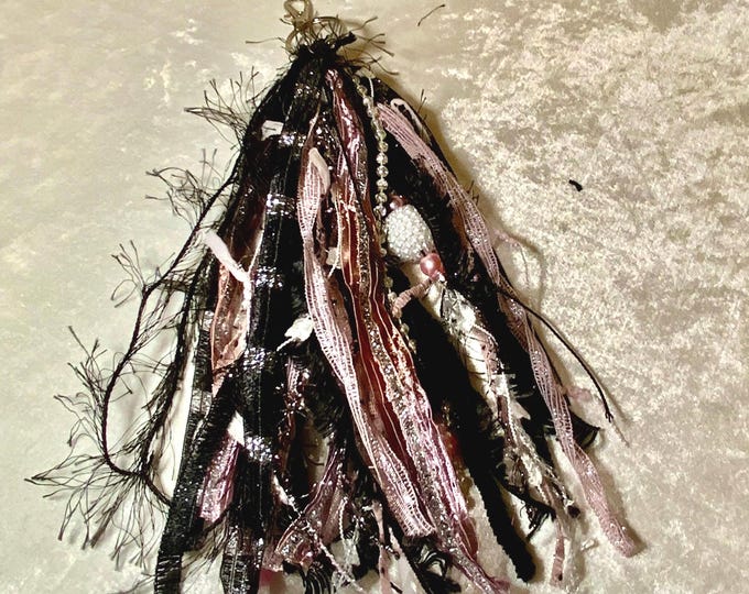 Handmade Paris Tassel: Black & Pink Fiber, Pearl Beads, Vintage Glam