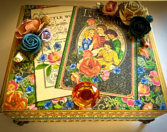 Little Women Decorated Cigar Box – Upcycled Book Lover Gift – Vintage Floral Keepsake Box – Literary Home Décor – Handmade Jewelry Box