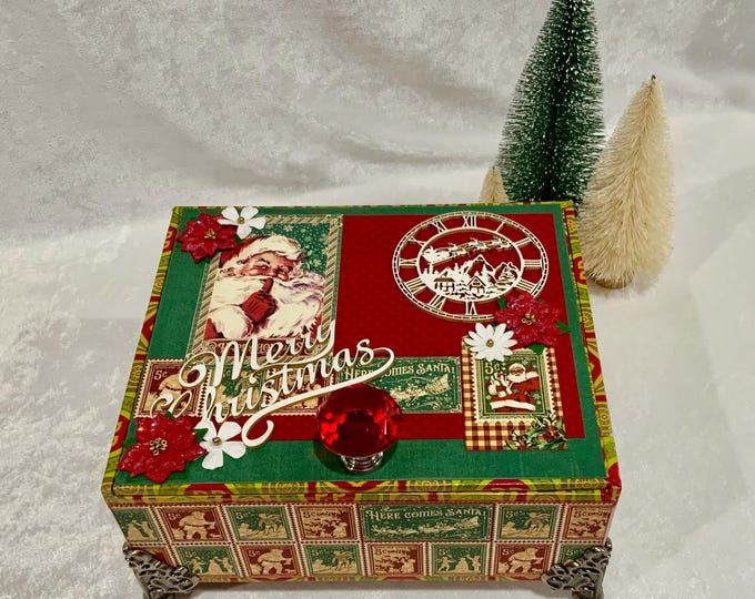 Santa Christmas Decorated Cigar Box – “Merry Christmas” Holiday Keepsake, Holly Accents, Vintage Decor