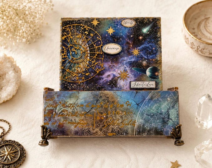Cosmos Celestial Decorated Cigar Box – One of a Kind - Stargazer Keepsake Box - Free Shipping
