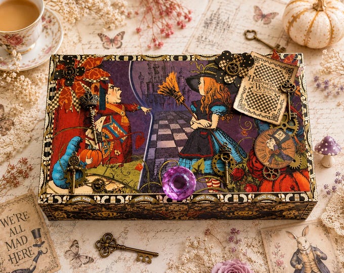 Hallowe’en in Wonderland Decorated Cigar Box – Steampunk Alice Gothic Storage - Ships Free in US