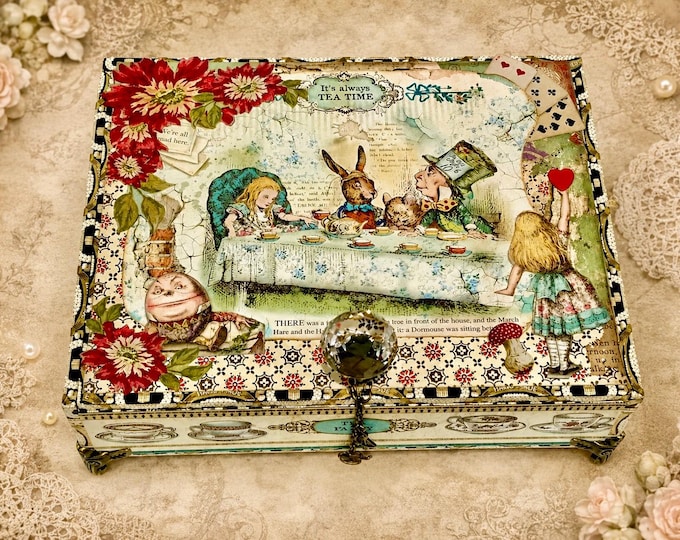 Alice in Wonderland Keepsake Box: Upcycled Tea Party Decor - Free Shipping in US