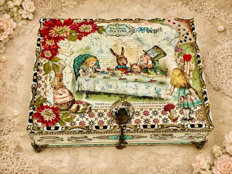 Alice in Wonderland Keepsake Box: Upcycled Tea Party Decor — Decorated Cigar Box