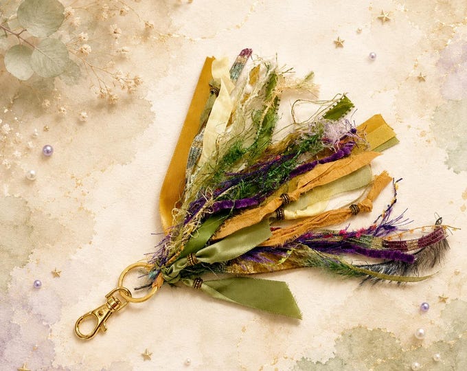 Enchanted Woodland Mixed Fiber Tassel – Boho Purse Charm, Keychain Accent, Gold Clasp