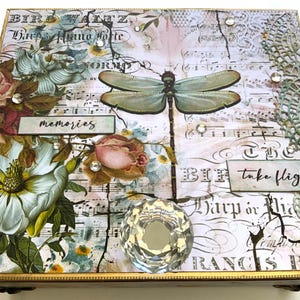 Dragonfly Floral Decorated Cigar Box, Vintage Music Sheet Art, Keepsake Memory Box with Crystal Knob, Handmade Gift, Repurposed Cigar Box