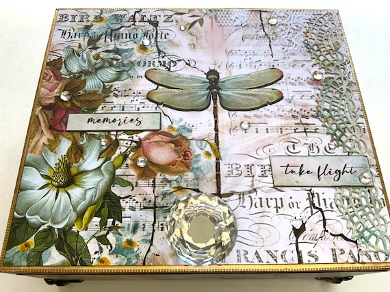Decorated Cigar Box, Dragonfly Keepsake Box, Garden Jewelry Box, Mixed Media Decorated Box, Aesthetically Altered Repurposed Cigar Box