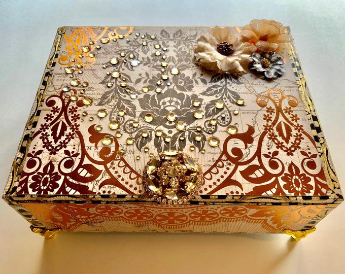 Luxury Decorated Cigar Box – Gold & Copper Damask Design with Rhinestones, Florals and Ornate Button Handle – Ships Free in the U.S.