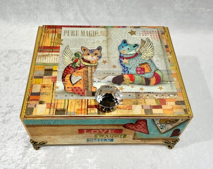 Whimsical Kitty Decorated Cigar Box – Angel Cats Keepsake Storage, Handmade Upcycled Box with Crystal Knob – Ships Free in the U.S.