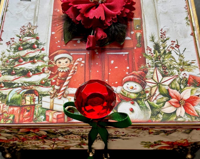 Holly Jolly Red Door Christmas Decorated Cigar Box with Santa & Snowman – Free U.S. Shipping