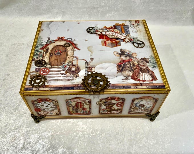 Steampunk Christmas Decorated Cigar Box – Santa, Advent Calendar, & Gears  – Christmas Decor - Free Shipping