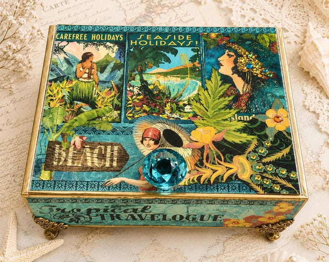 Tropical Travel Decorated Cigar Box – Handmade Beach Jewelry Box with Vintage Island Vibes - Free Shipping