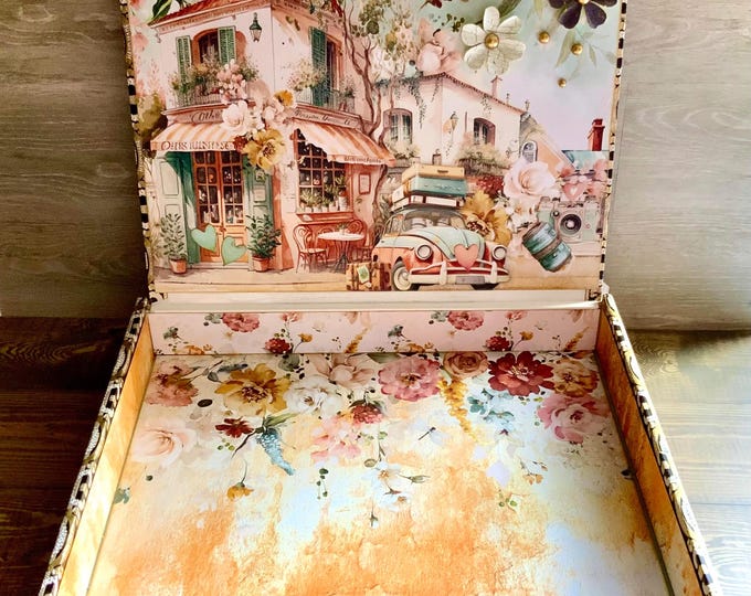 Paris Cafe Decorated Cigar Box – Shabby Chic Floral Keepsake Box, Jewelry Storage