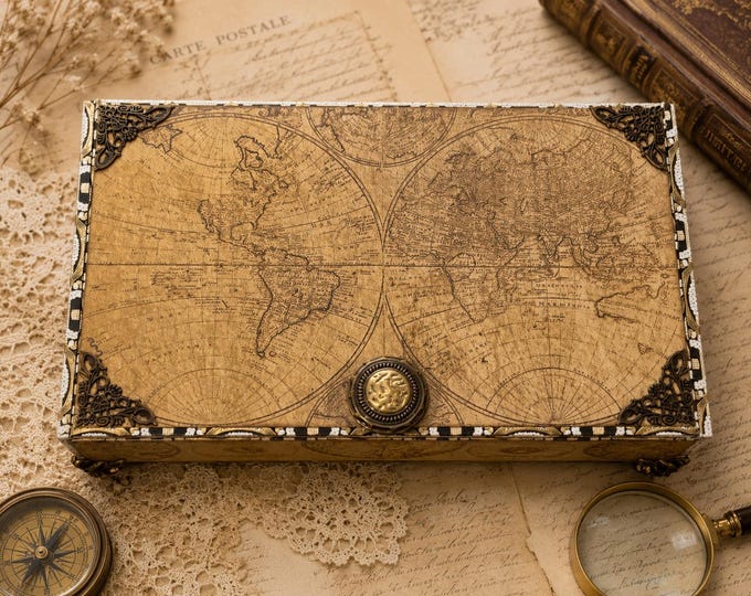 Masculine Map Decorated Cigar Box, Vintage Travel Keepsake Box, Gift for Him, Leather Lined Memory Box, Free Shipping in US