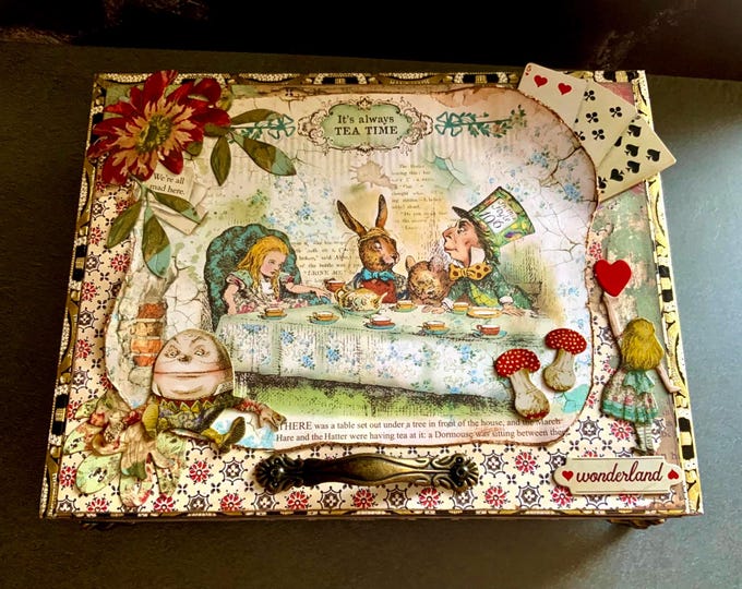 Alice in Wonderland Keepsake Cigar Box, Mad Hatter Jewelry Box, Upcycled Tea Party Storage, Whimsical Handmade Gift