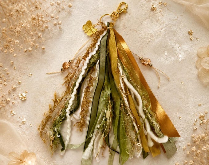 Handmade Sage Green Tassel Keychain: Mixed Fiber Purse Charm with Gold Leaf - Free Shipping