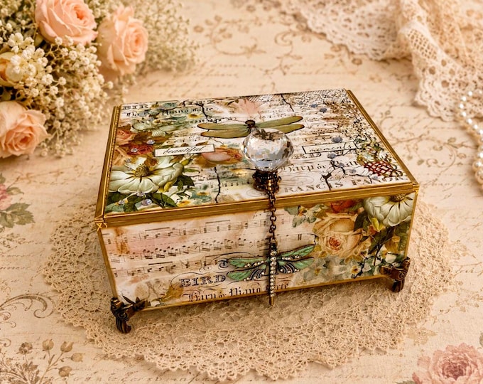 Dragonfly Keepsake Box: Vintage Music Sheet Art, Crystal Knob - Free Shipping