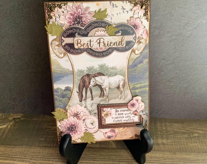 Custom Horse Art Card with Easel – 4x6” Wooden Keepsake with Florals & Quote – Displayable Gift for Horse Lovers and Best Friends