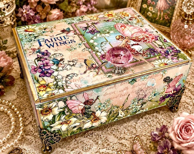 Fairy Wings Decorated Cigar Box – Handmade Enchanted Garden Keepsake Box with Butterflies, Fairies, and Jewel Handle – Free Shipping