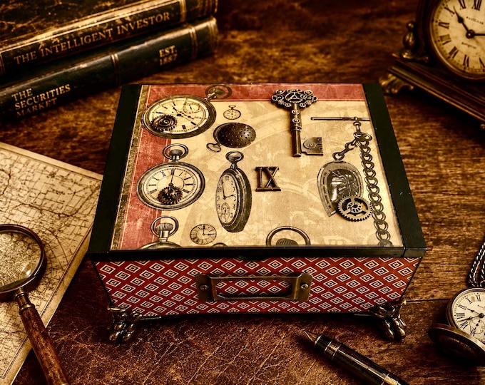 Masculine Steampunk Keepsake Box – Java Wood Cigar Box with Gears, Keys & Vintage Gentleman Art - Free Shipping