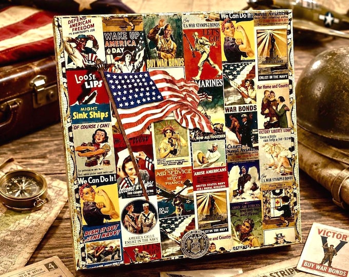 Patriotic Military Decorated Cigar Box, WWII Poster Art, Upcycled Keepsake Box - Free Shipping