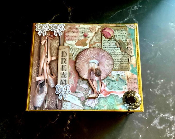 Ballerina Keepsake Box – Handmade Upcycled Cigar Box with Ballet Art, Crystal Knob, Charms & Feet, Dreamy Pink Gift for Dancer, Jewelry Box