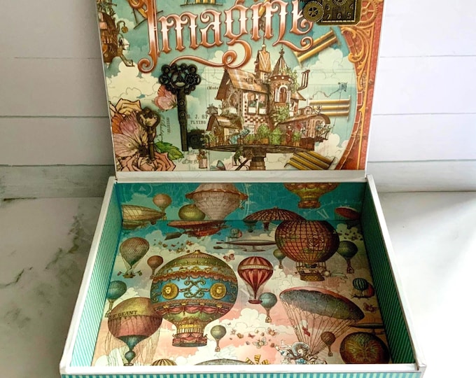 Graphic 45 Imagine Decorated Cigar Box – Hot Air Balloons, Steampunk Adventure Theme, Handmade Keepsake Box, 8x7x2 – Ships Free in the US