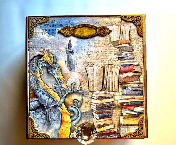 Fantasy Decorated Cigar Box, Library Altered Cigar Box, Repurposed Cigar Box, Mixed Media Art, Cigar Box Storage, Pen Pencil Storage Box