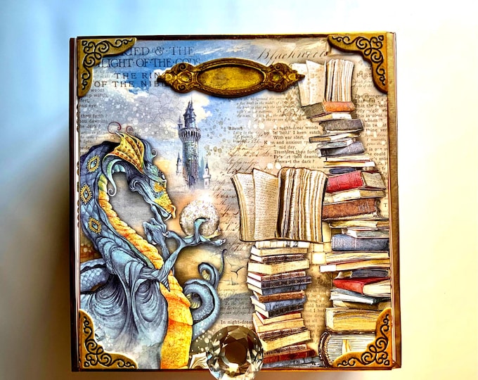 Fantasy Dragon Decorated Cigar Box with Books, Wizard Library, Magical Storage, Upcycled Book Lover Gift, Steampunk Box, Fantasy Library Box