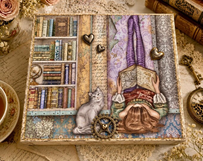 Whimsical Book Lover Decorated Cigar Box – Steampunk – Vintage Library Storage Box - Teen Keepsake - Ships Free in US