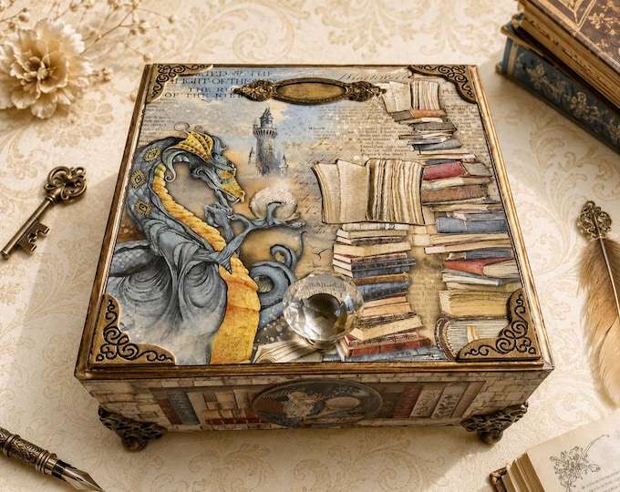 Fantasy Dragon Decorated Cigar Box, Wizard Library Book Storage, Magical Keepsake - Free Shipping