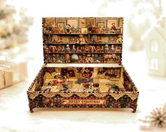 Christmas Corner Toy Shop Decorated Cigar Box – 10x6x2” Vintage Storefront with Glitter Snow Accents - Ships Free in US