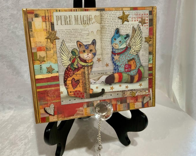 Whimsical Kitty Decorated Cigar Box – Angel Cats Keepsake Storage, Handmade Upcycled Box with Crystal Knob – Ships Free in the U.S.