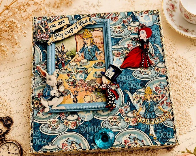 Large Alice in Wonderland Decorated Cigar Box – Blue Tea Party Memory Box – Handcrafted Storybook Keepsake – Ships Free in the U.S.
