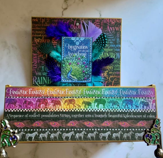 Colorful Kaleidoscope Cigar Box – Handcrafted Decorative Art Box with Peacock, Zebra Imagery, Jewel Knob & Gold Accents, Kaleidoscope Decor