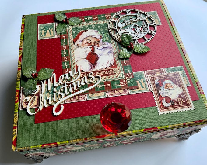 Vintage Santa Christmas Decorated Cigar Box – “Merry Christmas” Holiday Keepsake with Red Crystal Knob & Holly Accents Vintage Santa Decor