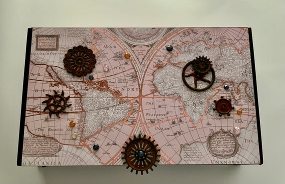 Steampunk World Map Decorated Cigar Box – Pink Globe Design, Gears & Crystals, Handmade Storage Gift, Upcycled Jewelry or Keepsake Box