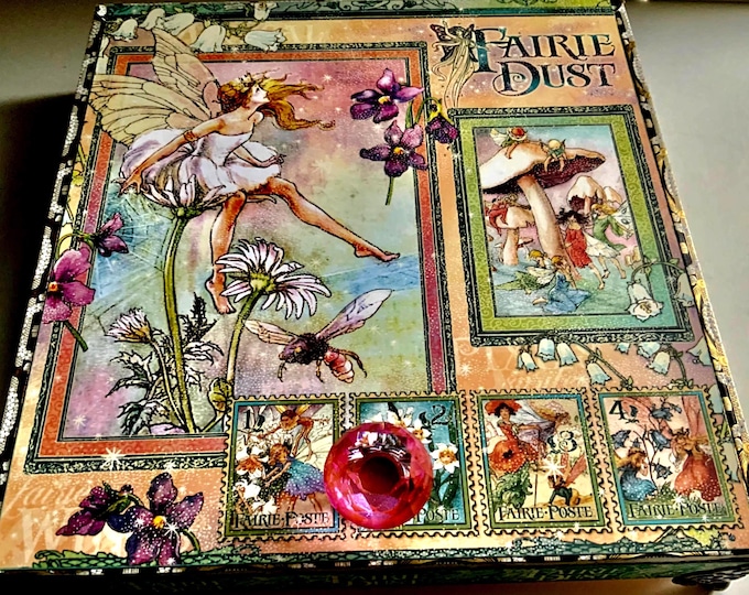 Faerie Dust Decorated Cigar Box – Whimsical Fairytale Jewelry Box with Pink Crystal Knob, Magical Keepsake, Handmade Gift, Altered Box